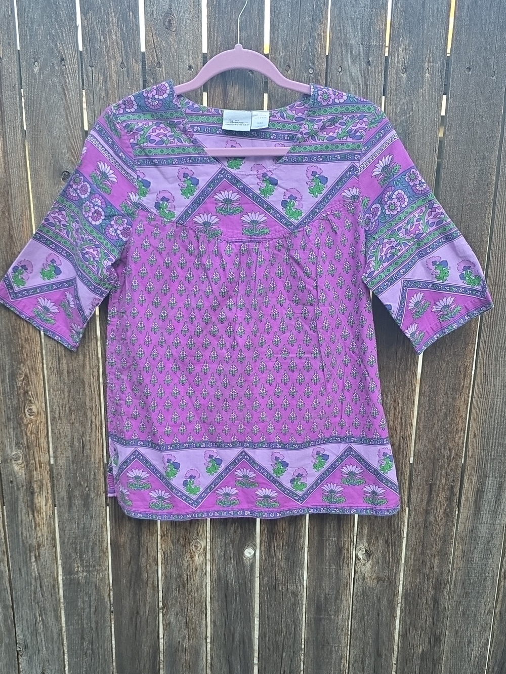 Boho Floral Print Tunic Top in Purple Lavender 100% Cotton